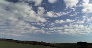 Link to Video | landscape, Saarland, cumulus, rural area, Germany, overhead power line, woodland, aerial shot, hill, transmission tower
