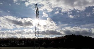 Link to Video | landscape, Saarland, cumulus, rural area, Germany, overhead power line, woodland, aerial shot, hill, transmission tower