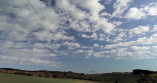 Link to Video | landscape, Saarland, cumulus, rural area, Germany, overhead power line, woodland, aerial shot, hill, transmission tower