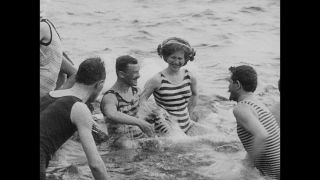 Link to Video | fun, summer, sea, leisure, swimsuit, one-piece swimsuit, liquid water, lifestyle, Sweden, 1910s, beach, swimming, black and white, joy