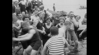 Link to Video | fun, summer, sea, leisure, swimsuit, one-piece swimsuit, liquid water, lifestyle, Sweden, 1910s, beach, swimming, black and white, joy