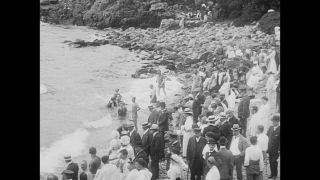 Link to Video | fun, summer, sea, leisure, swimsuit, one-piece swimsuit, liquid water, lifestyle, Sweden, 1910s, beach, swimming, black and white, joy