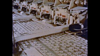 Link to Video | cookie, food, mass production, color, United States of America, wholesale bakery, assembly line, 1958, baking, factory