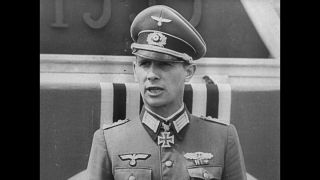 Link to Video | right-wing extremist, 20 July plot, military uniform, Line-up, Wehrmacht, Iron Cross, private, Knight's Cross of the Iron Cross, military officer, sound on tape, far-right, World War II, soldier, Third Reich, 1944, Otto Ernst Remer, Berlin, Nazi Germany, black and white, oration