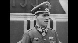 Link to Video | right-wing extremist, 20 July plot, military uniform, Line-up, Wehrmacht, Iron Cross, private, Knight's Cross of the Iron Cross, military officer, sound on tape, far-right, World War II, soldier, Third Reich, 1944, Otto Ernst Remer, Berlin, Nazi Germany, black and white, oration