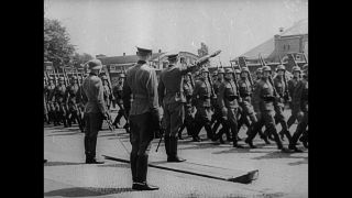 Link to Video | right-wing extremist, 20 July plot, military uniform, Line-up, Wehrmacht, Iron Cross, private, Knight's Cross of the Iron Cross, military officer, sound on tape, far-right, World War II, soldier, Third Reich, 1944, Otto Ernst Remer, Berlin, Nazi Germany, black and white, oration