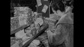 Link to Video | retail, supermarket, shop, consumer, Madrid, Spain, 1961, black and white