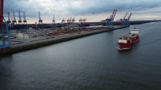 Link to Video | Hamburg, ship, footage, cargo shipping, big city, logistics, Germany, business activity, color, 4K resolution, port, Europe, aerial shot, 2024, day, freight transport, Hanseatic city, transport