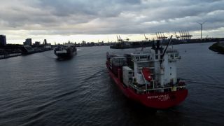 Link to Video | Hamburg, ship, footage, cargo shipping, big city, logistics, Germany, business activity, color, 4K resolution, port, Europe, aerial shot, 2024, day, freight transport, Hanseatic city, transport