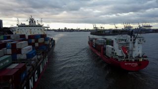 Link to Video | Hamburg, ship, footage, cargo shipping, big city, logistics, Germany, business activity, color, 4K resolution, port, Europe, aerial shot, 2024, day, freight transport, Hanseatic city, transport