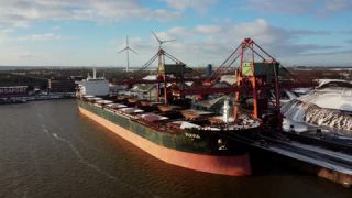 Link to Video | Hamburg, ship, cargo shipping, big city, logistics, Germany, business activity, color, 4K resolution, port, Europe, Northern Germany, aerial shot, 2024, day, freight transport, Hanseatic city, transport