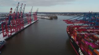 Link to Video | Hamburg, ship, cargo shipping, big city, logistics, Germany, business activity, color, 4K resolution, port, Europe, Northern Germany, aerial shot, 2024, day, freight transport, Hanseatic city, transport