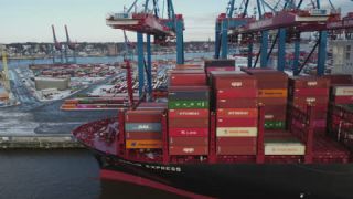 Link to Video | Hamburg, ship, footage, cargo shipping, big city, logistics, Germany, business activity, color, 4K resolution, port, Europe, aerial shot, 2024, day, freight transport, Hanseatic city, transport