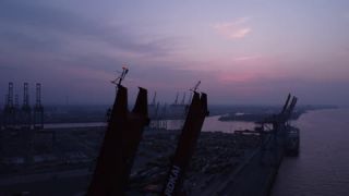 Link to Video | Hamburg, March, Elbe, sunset, Germany, Container Terminal, color, 4K resolution, mood, river, Europe, Northern Germany, aerial shot, container terminal, 2024, fuchsia, Envelope station, Hanseatic city, evening