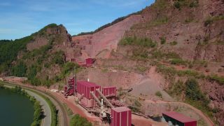 Link to Video | Geology, bird's-eye view, Rhineland-Palatinate, stone quarry, Taben-Rodt, Germany, manufacturing, quarry, mining and quarrying, mining company, mineral extraction, mining operations, aerial shot, nonmetallic minerals industry, industrial sector, mine, Trier-Saarburg