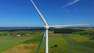 Link to Video | Büschdorf, landscape, machine, Saarland, renewable energy, turbine, electric generator, energy source, power station, electric power source, Germany, wind farm, wind turbine generator system, wind power, aerial shot, wind turbine, wind energy, sky