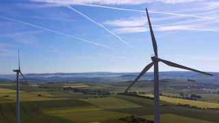 Link to Video | Büschdorf, landscape, machine, Saarland, renewable energy, turbine, electric generator, energy source, power station, electric power source, Germany, wind farm, wind turbine generator system, wind power, aerial shot, wind turbine, wind energy, sky