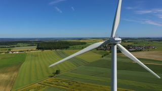 Link to Video | Büschdorf, landscape, machine, Saarland, renewable energy, turbine, electric generator, energy source, power station, electric power source, Germany, wind farm, wind turbine generator system, wind power, aerial shot, wind turbine, wind energy, sky