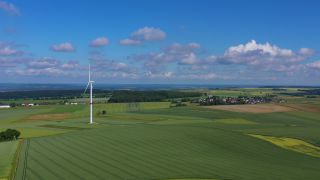 Link to Video | Büschdorf, landscape, machine, Saarland, renewable energy, turbine, electric generator, energy source, power station, electric power source, Germany, wind farm, wind turbine generator system, wind power, aerial shot, wind turbine, wind energy, sky
