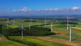Link to Video | Büschdorf, landscape, machine, Saarland, renewable energy, turbine, electric generator, energy source, power station, electric power source, Germany, wind farm, wind turbine generator system, wind power, aerial shot, wind turbine, wind energy, sky