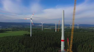 Link to Video | Büschdorf, landscape, machine, Saarland, renewable energy, turbine, electric generator, energy source, power station, electric power source, Germany, wind farm, wind turbine generator system, wind power, aerial shot, wind turbine, wind energy, sky