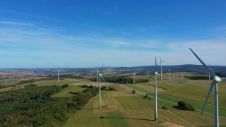 Link to Video | Büschdorf, landscape, machine, Saarland, renewable energy, turbine, electric generator, energy source, power station, electric power source, Germany, wind farm, wind turbine generator system, wind power, aerial shot, wind turbine, wind energy, sky