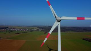 Link to Video | Büschdorf, landscape, machine, Saarland, renewable energy, turbine, electric generator, energy source, power station, electric power source, Germany, wind farm, wind turbine generator system, wind power, aerial shot, wind turbine, wind energy, sky