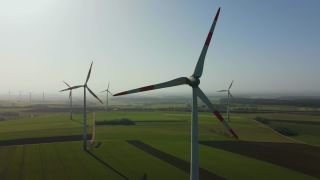 Link to Video | Büschdorf, landscape, machine, Saarland, renewable energy, turbine, electric generator, energy source, power station, electric power source, Germany, wind farm, wind turbine generator system, wind power, aerial shot, wind turbine, wind energy, sky