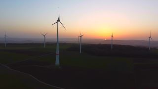 Link to Video | Büschdorf, landscape, machine, Saarland, renewable energy, turbine, electric generator, energy source, power station, electric power source, Germany, wind farm, wind turbine generator system, wind power, aerial shot, wind turbine, wind energy, sky