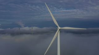 Link to Video | renewable energy, electric generator, energy source, electric power source, wind farm, wind turbine generator system, fog, alternative energy, wind power, aerial shot, wind turbine, wind energy, sky, Windturbine, cloud, industrial sector