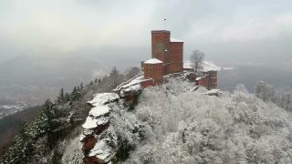 Link to Video | Rhineland-Palatinate, tourist destination, winter, Germany, Annweiler am Trifels, Pfalz, aerial shot, tourist attraction, Palatinate Forest, snow