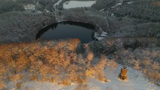 Link to Video | volcanic crater, Rhineland-Palatinate, winter, Eifel, Germany, maar, lake, crater, still waters, Europe, aerial shot, Vulkan Eifel, Mittelgebirge, snow