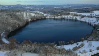 Link to Video | volcanic crater, Rhineland-Palatinate, winter, Eifel, Germany, maar, lake, crater, still waters, Europe, aerial shot, Vulkan Eifel, Mittelgebirge, snow