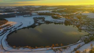 Link to Video | volcanic crater, Rhineland-Palatinate, winter, Eifel, Germany, maar, lake, crater, still waters, Europe, aerial shot, Vulkan Eifel, Mittelgebirge, snow