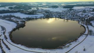Link to Video | volcanic crater, Rhineland-Palatinate, winter, Eifel, Germany, maar, lake, crater, still waters, Europe, aerial shot, Vulkan Eifel, Mittelgebirge, snow