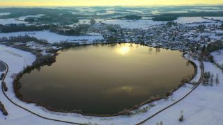 Link to Video | volcanic crater, Rhineland-Palatinate, winter, Eifel, Germany, maar, lake, crater, still waters, Europe, aerial shot, Vulkan Eifel, Mittelgebirge, snow