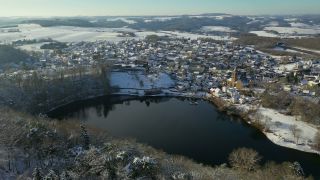 Link to Video | volcanic crater, Rhineland-Palatinate, winter, Eifel, Germany, maar, lake, crater, still waters, Europe, aerial shot, Vulkan Eifel, Mittelgebirge, snow