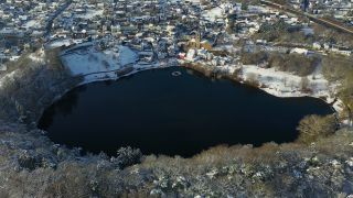 Link to Video | volcanic crater, Rhineland-Palatinate, winter, Eifel, Germany, maar, lake, crater, still waters, Europe, aerial shot, Vulkan Eifel, Mittelgebirge, snow
