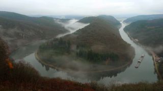 Link to Video | landscape, Saarland, Dreisbach, cargo shipping, Saar, Germany, fog, river, Saarschleife, inland navigation, Mettlach, nature, riverboat