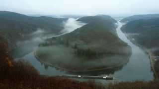 Link to Video | landscape, Saarland, Dreisbach, cargo shipping, Saar, Germany, fog, river, Saarschleife, inland navigation, Mettlach, nature, riverboat