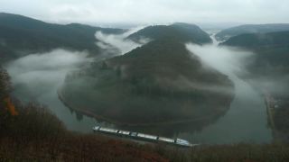 Link to Video | landscape, Saarland, Dreisbach, cargo shipping, Saar, Germany, fog, river, Saarschleife, inland navigation, Mettlach, nature, riverboat