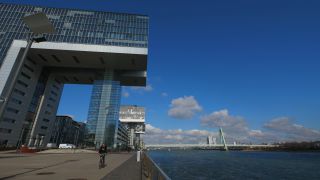 Link to Video | blue, North Rhine-Westphalia, architecture, Kranhaus, Germany, Central Europe, Cologne, sky, Rhine, Cologne Government Region, architectural structure, Rheinauhafen