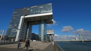 Link to Video | blue, North Rhine-Westphalia, architecture, Kranhaus, Germany, Central Europe, Cologne, sky, Rhine, Cologne Government Region, architectural structure, Rheinauhafen