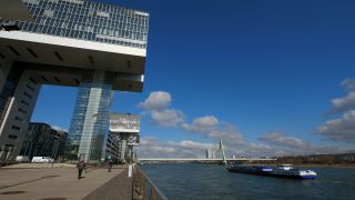 Link to Video | blue, North Rhine-Westphalia, architecture, Kranhaus, Germany, Central Europe, Cologne, sky, Rhine, Cologne Government Region, architectural structure, Rheinauhafen