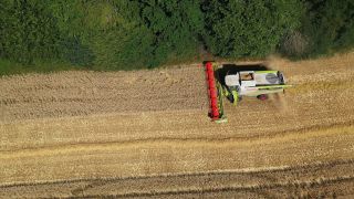 Link zum Video | Maschine, Landwirtschaft, Vogelperspektive, Saarland, Getreide, Erntemaschine, Deutschland, Acker, Ernte, Mähdrescher, Luftaufnahme, Perl, Umwelt