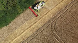 Link to Video | machine, agriculture, bird's-eye view, Saarland, cereal, harvesting machine, Germany, field, harvest, combine harvester, aerial shot, Perl, milieu