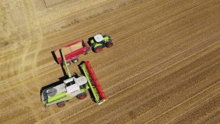 Link to Video | machine, agriculture, bird's-eye view, Saarland, cereal, harvesting machine, Germany, field, harvest, combine harvester, aerial shot, Perl, milieu