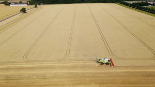 Link to Video | machine, agriculture, bird's-eye view, Saarland, cereal, harvesting machine, Germany, field, harvest, combine harvester, aerial shot, Perl, milieu
