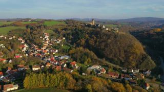 Link to Video | landscape, bird's-eye view, Rhineland-Palatinate, tourist destination, Thallichtenberg, physical location, Germany, castle, forest, Europe, aerial shot, Kusel, tourist attraction, human-made geographic feature, architectural structure, Kusel, Lichtenberg Castle, point of interest