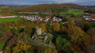 Link to Video | landscape, bird's-eye view, Saarland, autumn, castle ruin, Germany, aerial shot, nature